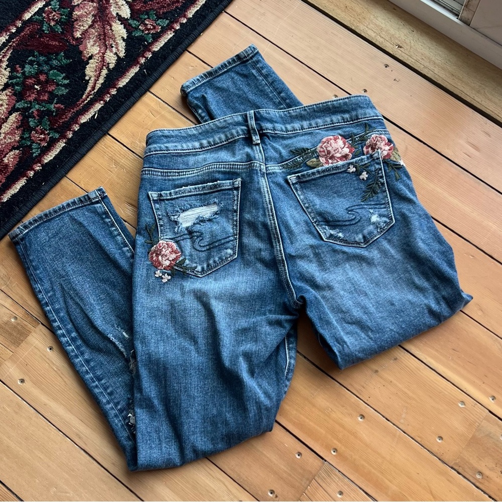 Silver Mazy Slim Crop Embroidered Jeans
